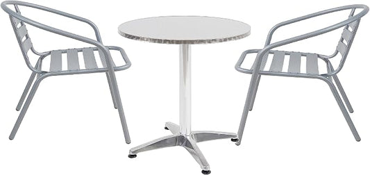 Gray Indoor Outdoor 23.75" Restaurant Stainless Steel Silver Aluminum + 2 Metal Slat Stack Commercial Lightweight, 2 Chairs with a Round Table