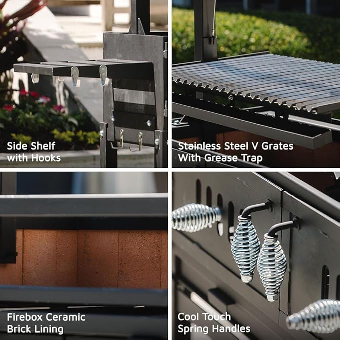 Ash & Ember Santa Maria Grill, Wood & Charcoal Argentine Grill, Hand Wheel for Adjustable Heat Control, BBQ Grill with V-Grates & Grease Trap, Argentinian Grills with Bottom & Side Shelf