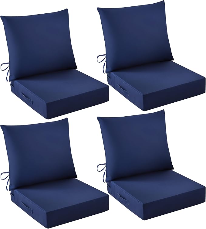 Outdoor Chair Cushions, 24 x 24 Inch Outdoor Cushion for Patio Furniture, Patio Chair Cushion, Waterproof & Fade Resistant Deep Patio Furniture Cushions Set with Handle and Ties, Navy Blue (Set of 4)