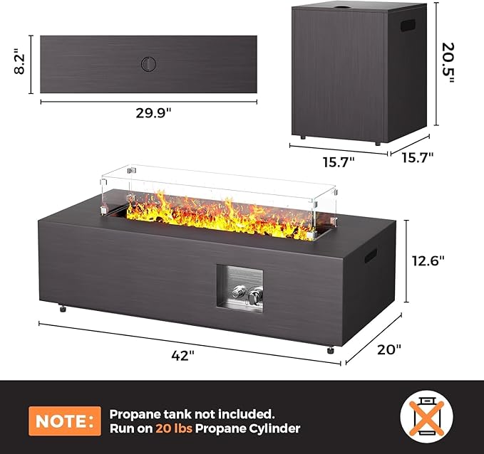 Jocoevol Fire Pit Table 50,000 BTU 42" Rectangular Propane Fire Pit Outdoor with Wind Guard Glass, Lid, Rocks and Cover Gas Fireplace for Deck or Patio