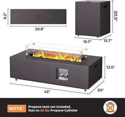 Jocoevol Fire Pit Table 50,000 BTU 42" Rectangular Propane Fire Pit Outdoor with Wind Guard Glass, Lid, Rocks and Cover Gas Fireplace for Deck or Patio