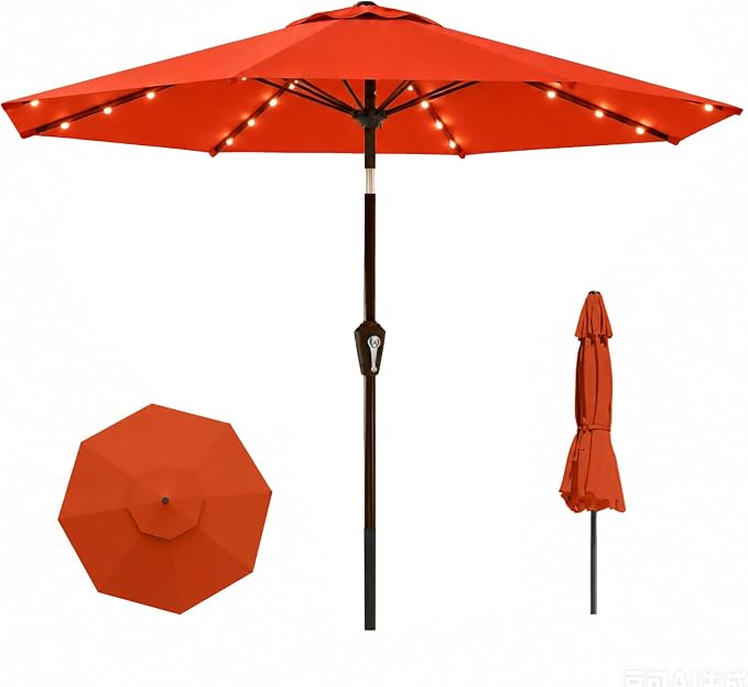11FT Solar Lighted Patio Umbrella, Outdoor Table Market Umbrellas with Crank Lift, 32 LED Lights, 8 Sturdy Ribs, UV-Resistant for Deck, Garden, Pool