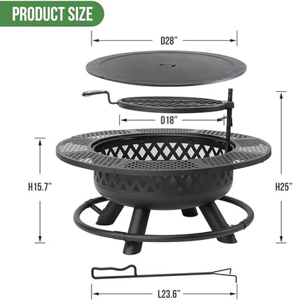 Panovue 42 Inch Outdoor Fire Pit with Grill, Large Firepit Table for Outside, Metal Round Firepits with Lid&Fire Poker,3 in 1 Wood Burning Fire Pits & Outdoor Fireplaces for Backyard,Patio(42'' Black)