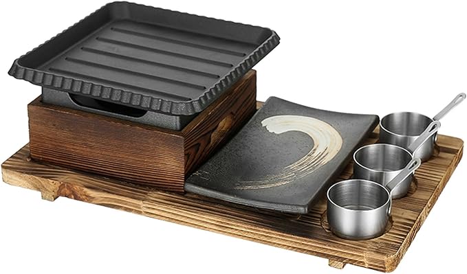 Japanese BBQ Grill Set, Portable Charcoal Stove with Wooden Base for Yakiniku, Robata, Yakitori, Takoyaki, Camping,C