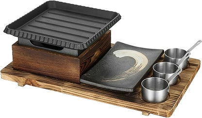 Japanese BBQ Grill Set, Portable Charcoal Stove with Wooden Base for Yakiniku, Robata, Yakitori, Takoyaki, Camping,C