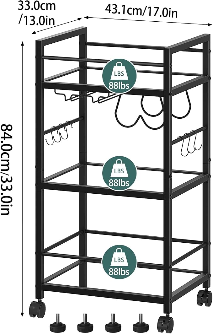 Bar Cart, Serving Cart for Home, Microwave Cart, Drink Cart, Mobile Kitchen Shelf with Wine Rack and Glass Holder, Rolling Beverage Cart for Dining Room, Black