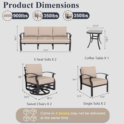 ALAULM Aluminum Patio Furniture Set with 2 Swivel Chairs 10-seat Metal Outdoor Furniture Patio Sectional Sofas Patio Conversation Set w/5.1" Cushions for Patio, Backyard, Poolside-Sand