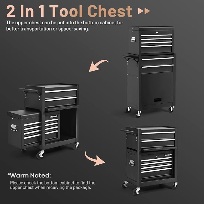 ERGOMASTER Rolling Tool Chest and Cabinet with 6-Drawers - Includes 4-Drawers Removable Top Box, 2-Drawer Capacity Tool Storage, Wheels and Locking System for Convenient and Safe Tool Storage-Black