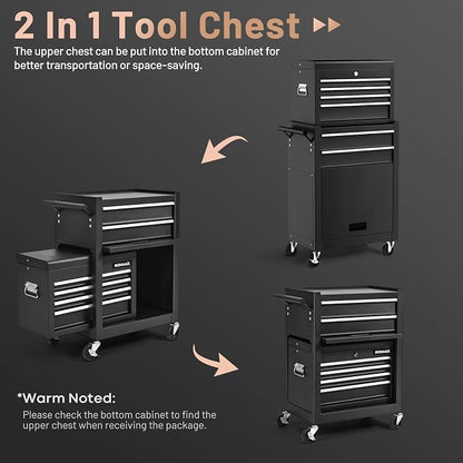 ERGOMASTER Rolling Tool Chest and Cabinet with 6-Drawers - Includes 4-Drawers Removable Top Box, 2-Drawer Capacity Tool Storage, Wheels and Locking System for Convenient and Safe Tool Storage-Black