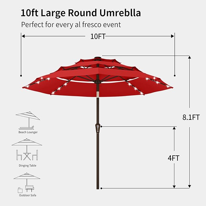 Kingdura 10ft 3-Tier Patio Umbrella with Solar Lights, Table Umbrella Outdoor Patio with Easy Crank & Tilt, 8 Sturdy Ribs, UV Protection, 32 LED Lights for Deck, Poolside, Market (Red)
