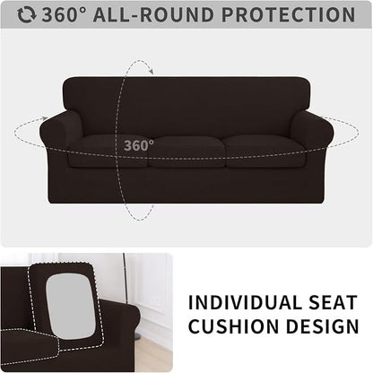 ISSUNTEX 3 Pieces High Stretch Thicken Loveseat Couch Covers, Soft Sofa Slipcover for 2 Separate Cushion Couch, Jacquard Fabric Elastic Sofa Cover Furniture Protector for Dogs (Loveseat, Chocolate)