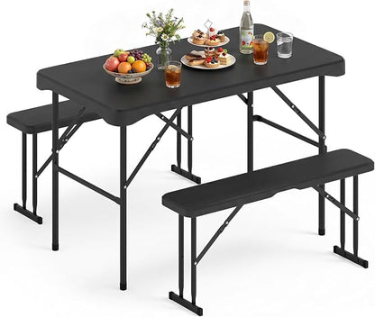 Giantex Folding Picnic Table Bench Set, Rectangular Patio Dining Table Set for 4, with HDPE Tabletop, Metal Frame, Space-Saving and Portable for Camping Party Dining BBQ (Black)