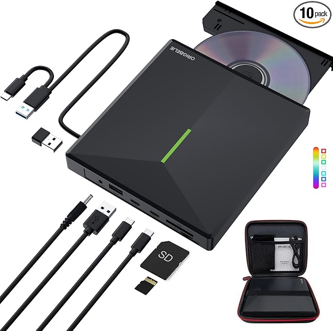 ORIGBELIE External CD DVD Drive, 4 USB & 2 TF/SD Card Ports & Carrying Case | USB C 3.0 Optical Disk Drive, Portable CD/DVD Player Burner Reader Writer for Laptop MacBook Desktop PC Windows Linux Mac OS