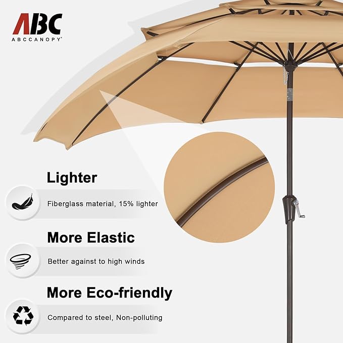 ABCCANOPY 11Ft 3 Tiers Market Umbrella, Outdoor Table Umbrella for Patio, Deck, Backyard (Khaki)
