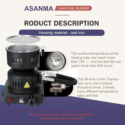 Charcoal Starter - Coal Burner for Cubes Hot Plate Durable Faster Electric Coal Stove 120V~600W Charcoal Burner with Detachable Handle Stainless Steel Grill & Rack Smart Heat Control for BBQ Kitchen