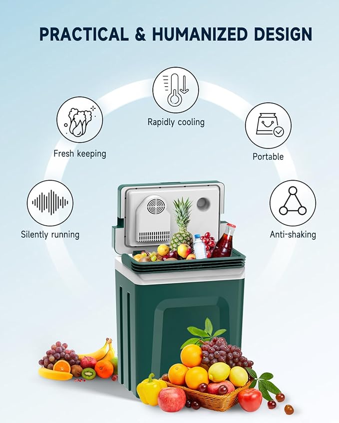 SubSun 27 Quart Electric Cooler and Warmer with Handle, Portable Thermoelectric Fridge, Car Fridge Cooler with 12V DC & 110 AC for Camping, Travel & Picnics, Green