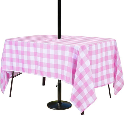 Poise3EHome Rectangle Outdoor Tablecloth with Umbrella Hole and Zipper,Pink and White Gingham 70x52 Inch,SpillProof Washable Table Cloth for Spring Summer Patio Garden Poolside Picnic Camping BBQS