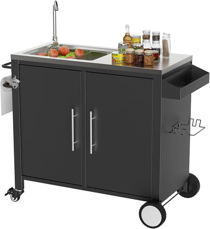 KEIKI Outdoor Grill Table with Sink, Grill Cart with 304 Stainless Steel Sink and Cabinet, Outdoor Cart Station with Wheels, L38 x W18 x H35