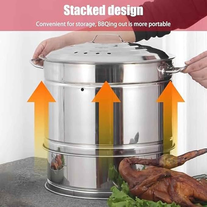2-in-1 Vertical Charcoal BBQ Smoker 16" Round Charcoal Barbecue Grill Heavy-Duty Portable Grill for Outdoor Camping Picnic Backyard Cooking, Heat-resistant Temperature 500°C/932F°Can Hold 50 Skewers