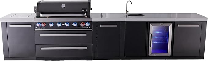 Mont Alpi Premium 157" Black Stainless Steel Outdoor Kitchen Island with Refrigerator + Beverage Center Faucet & Sink + 44"W 6-Burner BBQ Gas Grill + Granite Countertops + Storage Cabinets & Drawers