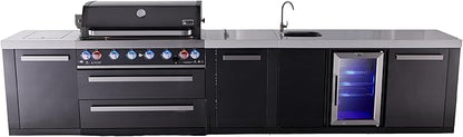 Mont Alpi Premium 157" Black Stainless Steel Outdoor Kitchen Island with Refrigerator + Beverage Center Faucet & Sink + 44"W 6-Burner BBQ Gas Grill + Granite Countertops + Storage Cabinets & Drawers