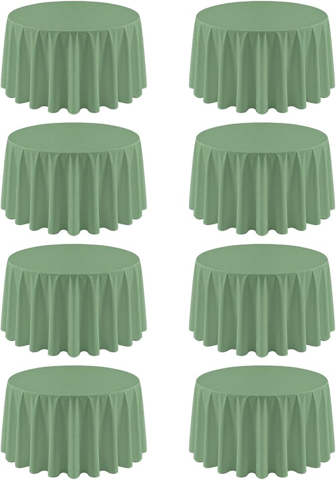 8 Pack Sage Green Round Tablecloth 90 Inch | For 3Ft-5Ft Round Table, Wrinkle Resistant Table Cloth, Washable Polyester Fabric, For Wedding Party Banquet Buffet Camping
