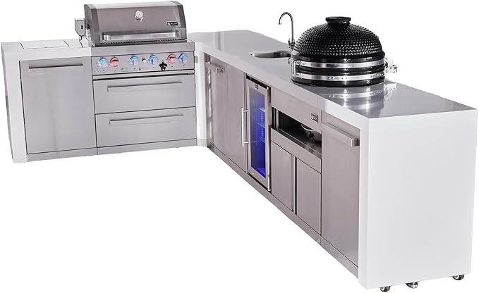 Mont Alpi Premium 4-Burner 82"x146" L-Shaped 400 Deluxe Stainless Steel Modular Outdoor Kitchen Island BBQ Gas Grill + Beverage Center Refrigerator Faucet & Sink + Kamado + Storage Drawers & Cabinets