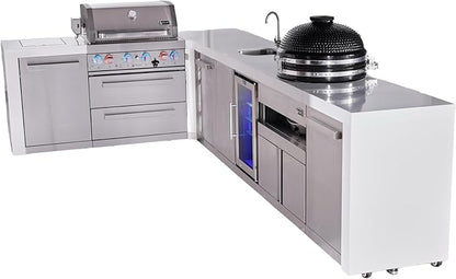 Mont Alpi Premium 4-Burner 82"x146" L-Shaped 400 Deluxe Stainless Steel Modular Outdoor Kitchen Island BBQ Gas Grill + Beverage Center Refrigerator Faucet & Sink + Kamado + Storage Drawers & Cabinets