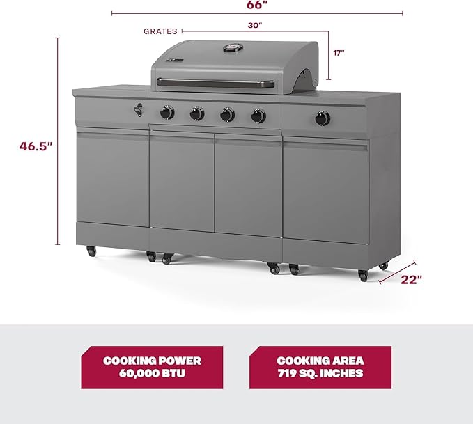 Tytus Fresno 5-Burner Propane or Natural Gas Island Grill – 864 sq. in. Cooking, 48,000 BTU Main + 12,000 BTU Side Burner, Porcelain Grates, Storage Cabinets, Semi-Portable - All Gunmetal Starter Kit