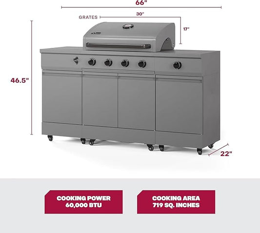 Tytus Fresno 5-Burner Propane or Natural Gas Island Grill – 864 sq. in. Cooking, 48,000 BTU Main + 12,000 BTU Side Burner, Porcelain Grates, Storage Cabinets, Semi-Portable - All Gunmetal Starter Kit