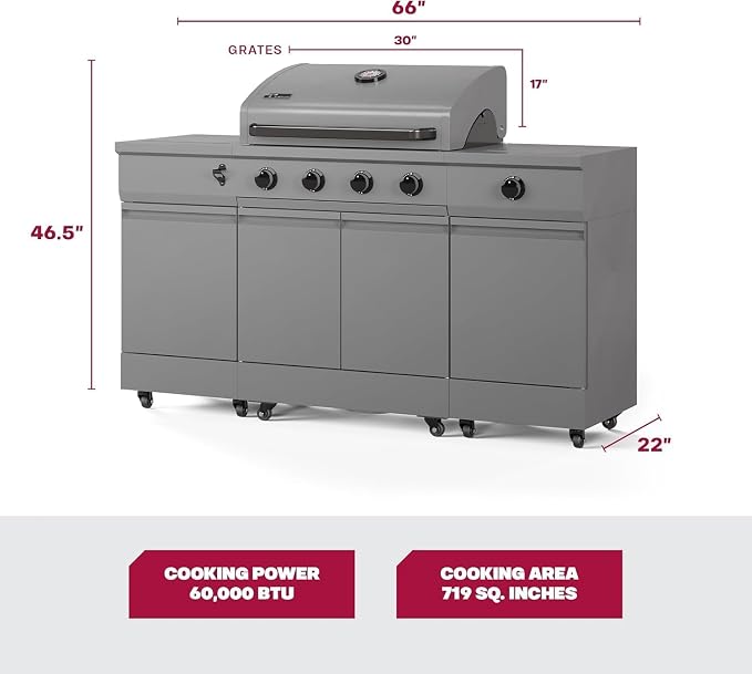Tytus Fresno 66" 5-Burner Propane or Nat Gas Island Grill, 60K Total BTUs | Pre-assembled for fast install, 864 sq inch cooking area with Side Burner, Storage, Ice Bucket, On Wheels - Gunmetal Island