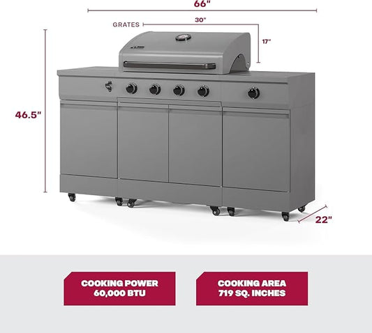 Tytus Fresno 66" 5-Burner Propane or Nat Gas Island Grill, 60K Total BTUs | Pre-assembled for fast install, 864 sq inch cooking area with Side Burner, Storage, Ice Bucket, On Wheels - Gunmetal Island