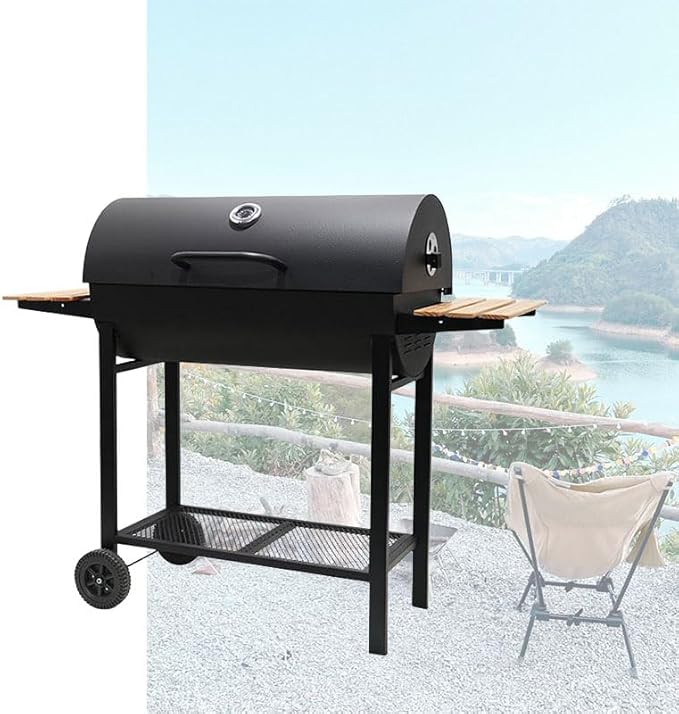 Charcoal Grill with Two Side Tables, Heavy Duty Steel BBQ Grill for Outdoor Picnics, Backyard Patios and Parties