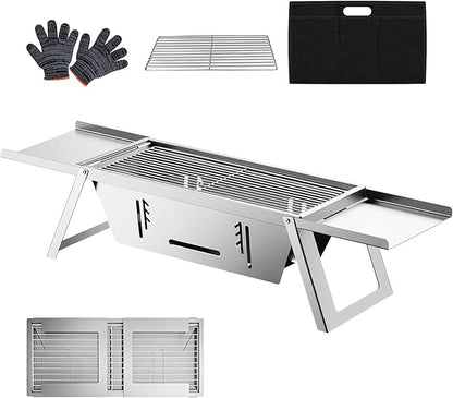 Foldable Small Charcoal Grill Portable Stainless Steel Charcoal Grill Perfect for 2-3 Outdoor Enthusiasts Ideal for Camping, BBQ, Picnics Tailgating Includes Gloves & Carry Bag