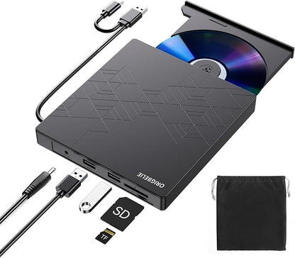 ORIGBELIE External CD DVD Drive, CD/DVD ROM +/-RW Adapter with USB Ports | USB 3.0 Type C Optical Disk Drive CD DVD Player Burner Reader Writer for Laptop PC Desktop Computer Macbook OS Windows Linux