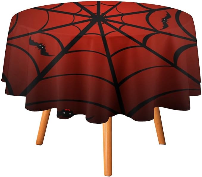 Spider Web Tablecloth, Black Spider Web Bat Red Water Resistant Wipeable Table Cover for Picnic Party Holiday Kitchen Dinner Table 70"