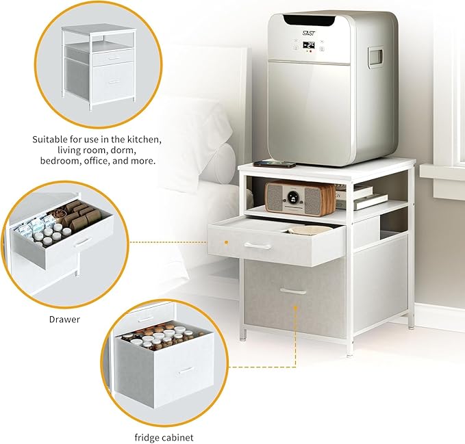 Herture Mini Fridge Stand with 3 Storage, Mini Fridge Cabinet, Beverage Fridge Table, Heavy Duty 21.3" L* 22.7" W Tabletop, for Dorm, Apartment,Office, Bedroom White HB01BXW