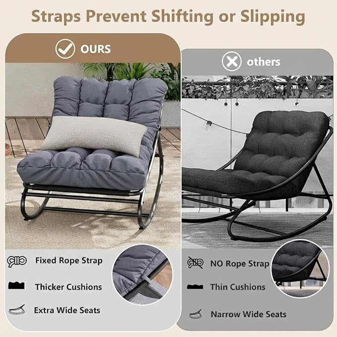 Garvee Outdoor Papasan Rocking Chair, Oversized Metal Frame Egg Rocker with Thick Waterproof Cushion, 450 lbs, Comfy Lounge for Patio, Porch, Garden, Living Room, Dark Gray