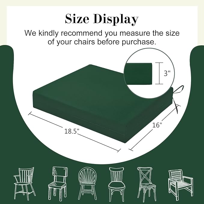 Cozyide Outdoor Chair Cushions, Waterproof Patio Seat Cushions with Adjustable Straps, Square Corner Patio Chair Cushions for Garden, Dark Green, 18.5x16x3 Inch (Pack of 4)
