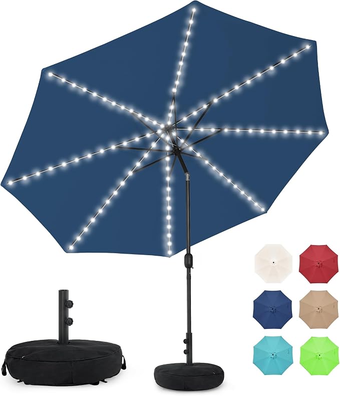 Sundale Outdoor 104 LED 11 FT Solar Patio Umbrella with Base, Navy | Sand Bag Umbrella Base, Tilt, Crank, Solar Lights