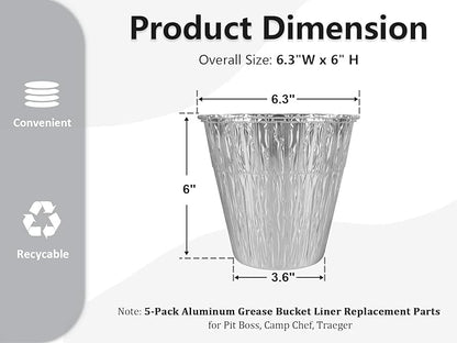 Aluminum Disposable Grease Bucket Liner Replacement Parts for Pit Boss 67292, Camp Chef, Oklahoma Joe's 9518545P06, Rec Tec, Traeger, Pit Boss Accessories, 5-Pack