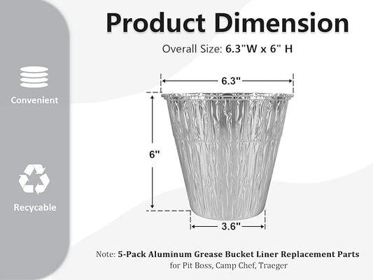 Aluminum Disposable Grease Bucket Liner Replacement Parts for Pit Boss 67292, Camp Chef, Oklahoma Joe's 9518545P06, Rec Tec, Traeger, Pit Boss Accessories, 5-Pack
