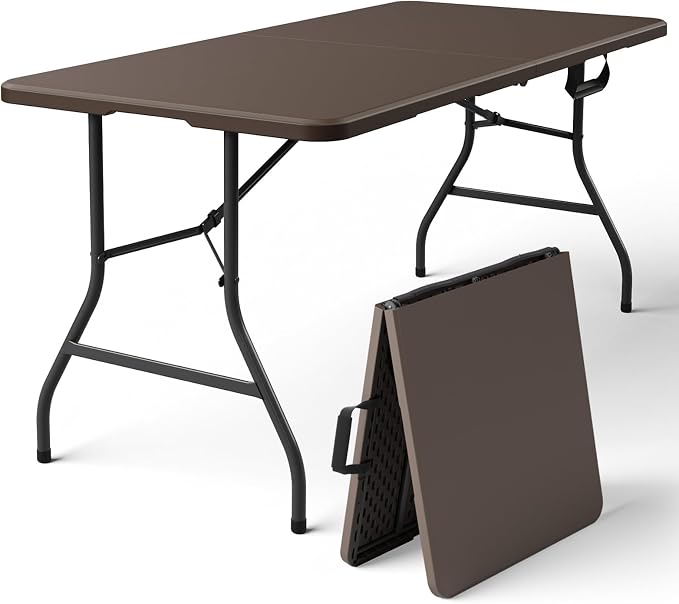 Folding Table, 5ft Portable Foldable Table Picnic Table with Carry Handle Plastic Table, Brown