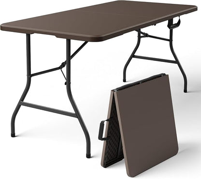 Folding Table, 5ft Portable Foldable Table Picnic Table with Carry Handle Plastic Table, Brown