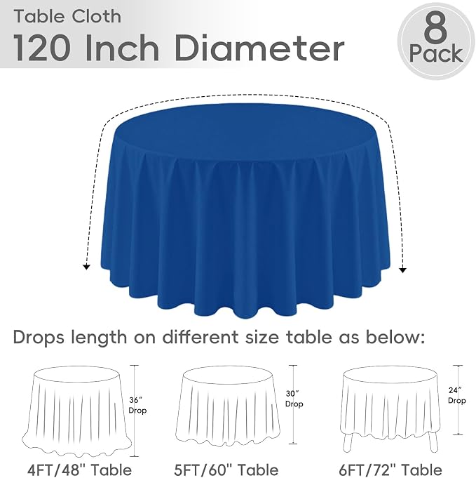 8 Pack Royal Blue Round Tablecloth 120 Inch | For 4Ft-7Ft Round Table, Wrinkle Resistant Table Cloth, Washable Polyester Fabric, For Wedding Party Banquet Buffet Camping