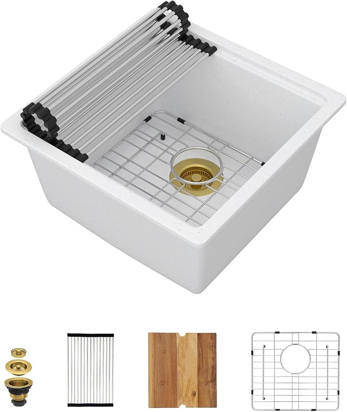18x18 Inch Undermount Bar Sink Workstation - White Granite Composite All-In One Single Bowl Classic Quartz Wet Prep Sink with Cutting Board for Kitchen Bar, RV, Boat, and Outdoor #TLGU-131
