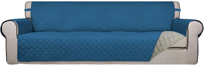 PureFit Reversible Quilted Couch Covers for Dogs Sofa Cover 4 Seater 88" | Peacock Blue/Beige, Water Resistant Couch Protector, Washable Pet Couch Cover with Non Slip and Elastic Straps For Kids