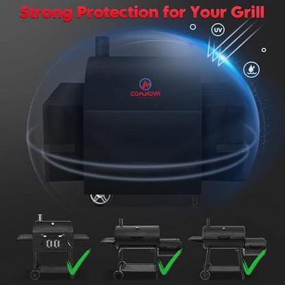 Comnova Grill Cover for Char Griller Smokin' Champ with Side Fire Box - 600D Waterproof Grill Cover Fits Smokin Champ 1624, Offset Smoker 1733, Blazer 2130, Classic 2175 Models - 66"L x 29"W x 50"H