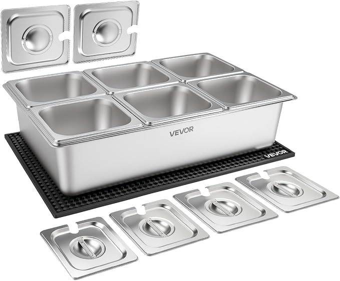 VEVOR Countertop Food Serving Display Container, Stainless Steel Food Salad Server Tray, Buffet Condiment Dispenser, Ice Cooled Rack with Separate Lid, for Restaurant, Hotel, Party (6x1/6 Pan)