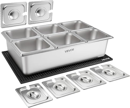 VEVOR Countertop Food Serving Display Container, Stainless Steel Food Salad Server Tray, Buffet Condiment Dispenser, Ice Cooled Rack with Separate Lid, for Restaurant, Hotel, Party (6x1/6 Pan)